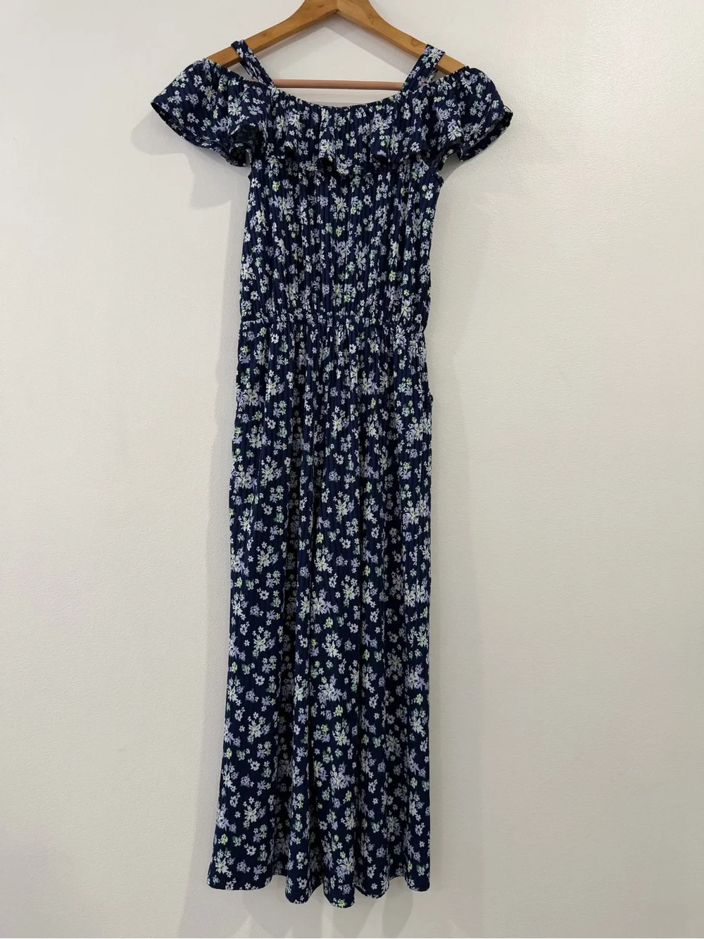 Justice Girls L(12-14) Blue Floral Cropped Jumpsuit Elastic Waist Pockets Ruffle